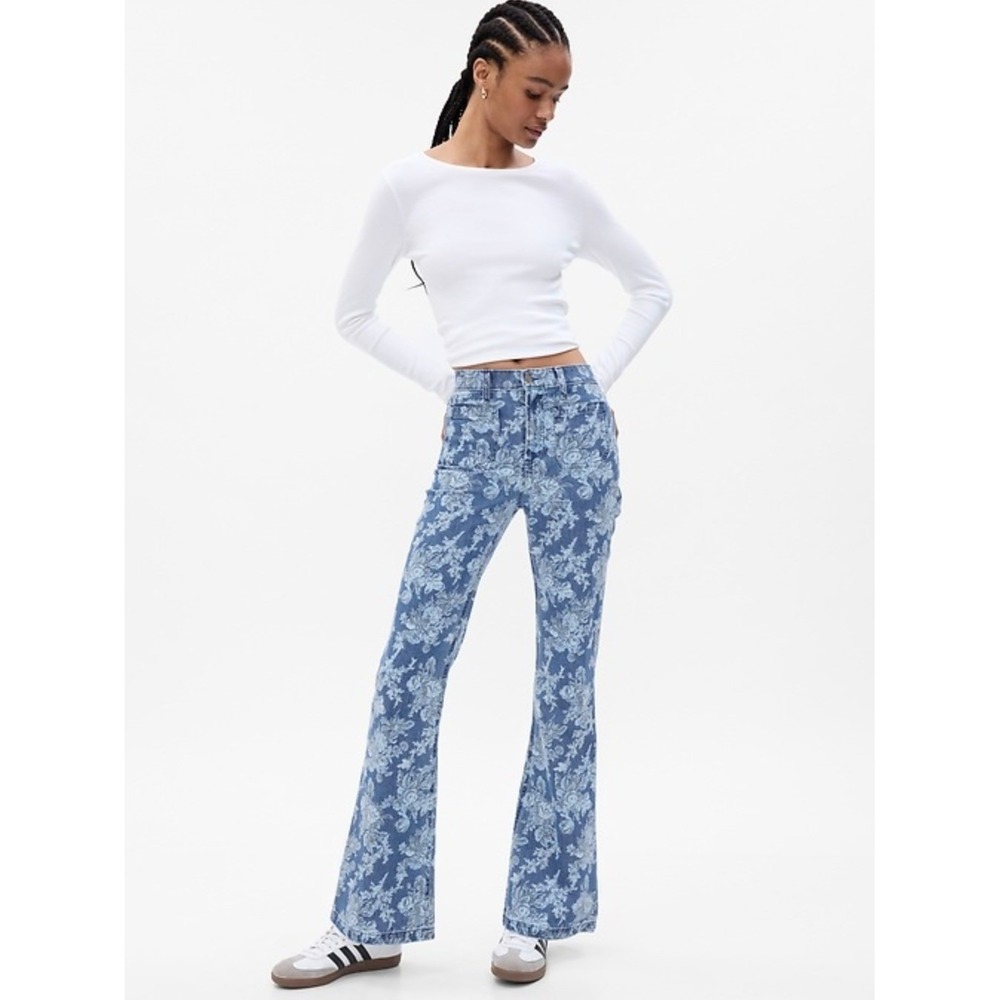 Gap x LoveShackFancy 70s Flare Jeans Floral Print Denim High Rise Women 30 10R